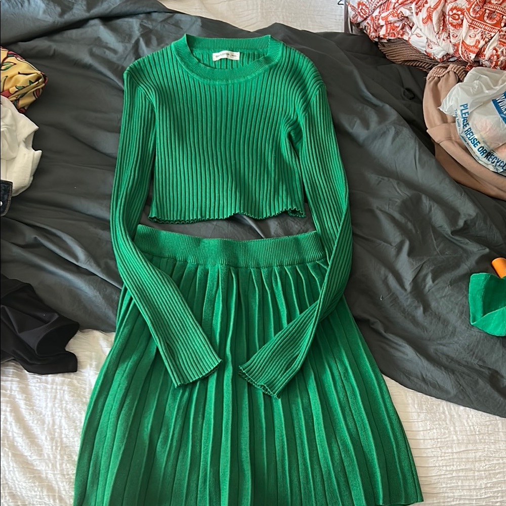 Green Ribbed Knit Skirt Set by One Eleven